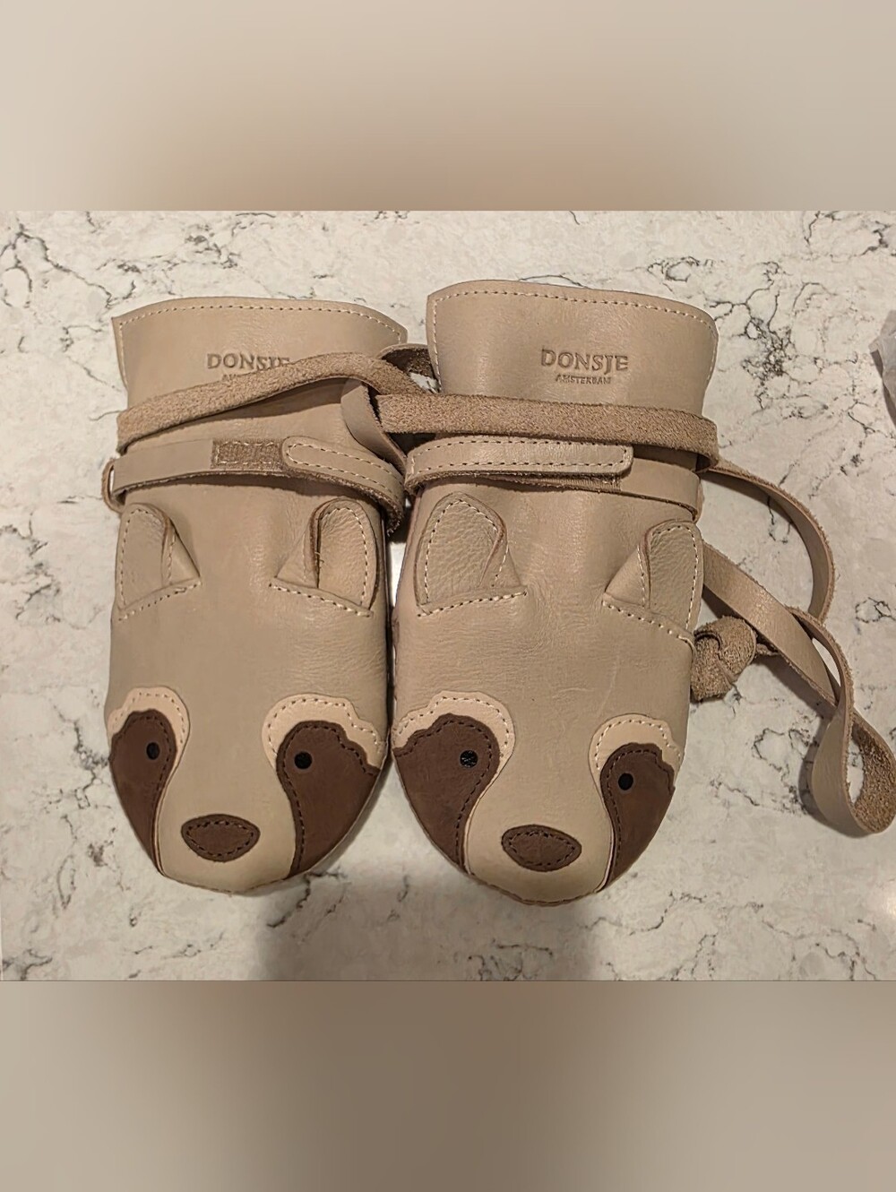 Donsje Amsterdam Beige Leather Baby Mittens with Bear Face Age 3-4 Unisex
